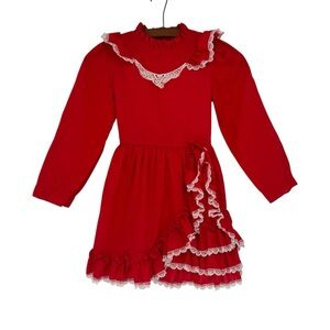 Vintage Disney Winnie the Pooh Red Long Sleeve Ruffle Lace Bow Tie Dress Size 6X